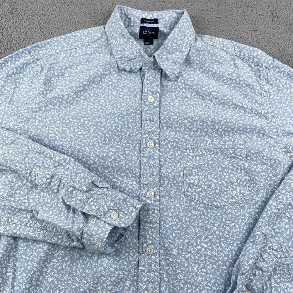 J Crew Shirt Mens Large Blue White Floral Print Classic Fit Button Up Pocket